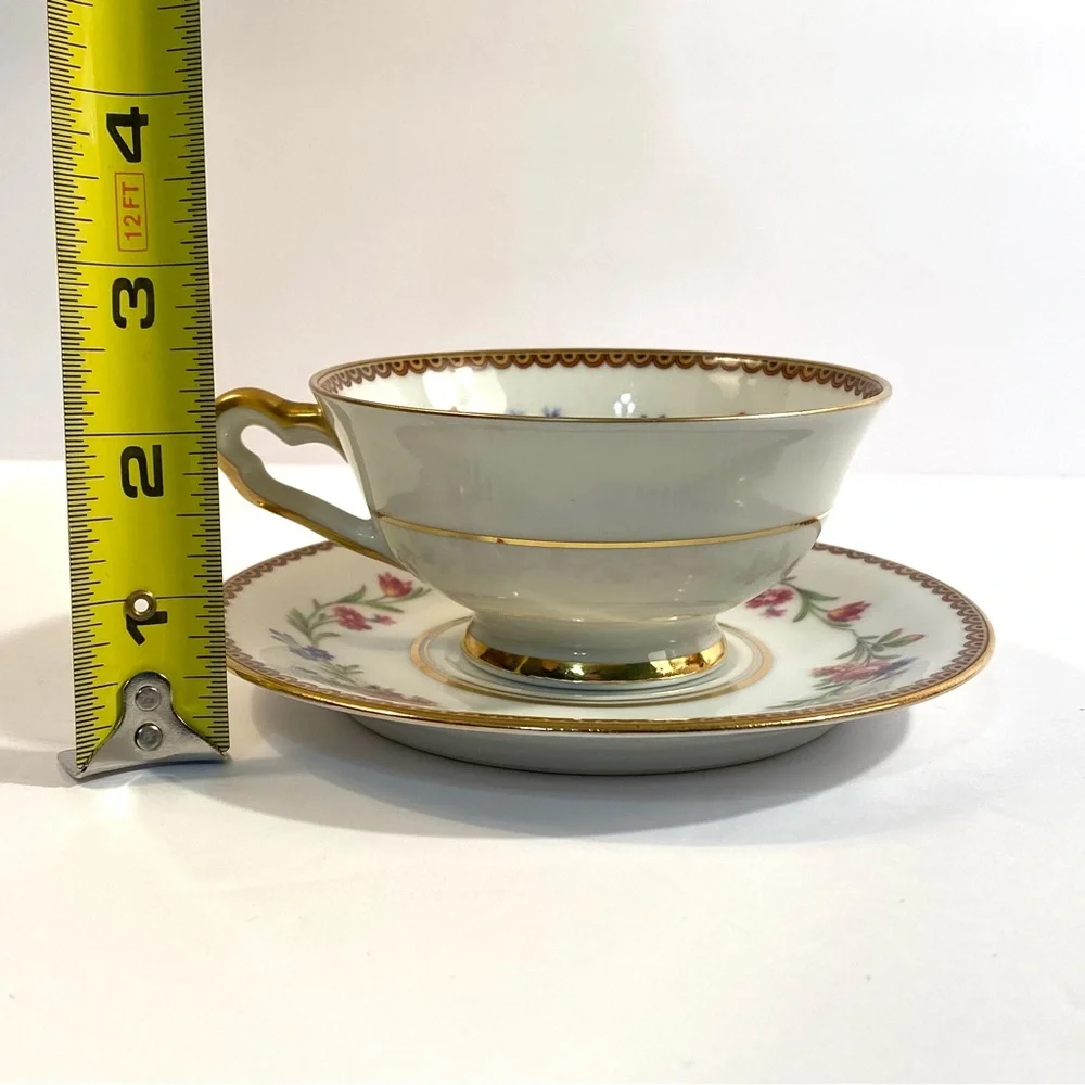 2 Raynaud Limoges France Country Flowers Footed Cups & Saucers Porcelain China